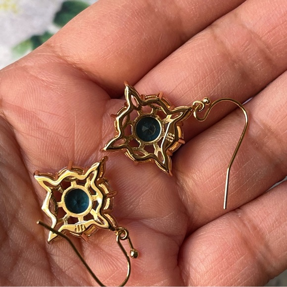 Bomb Party | Blue Center Stone and Clear Marquis Shaped CZ Gold Plated Earrings - Picture 4 of 13